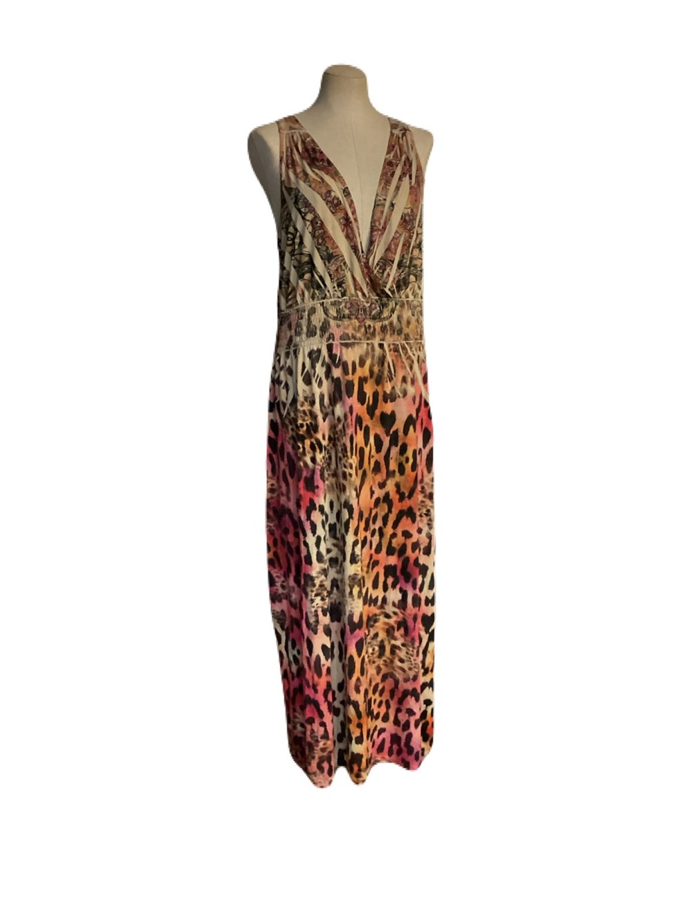 V-Neck Sleeveless Leopard Print Maxi Dress in Pink and Orange